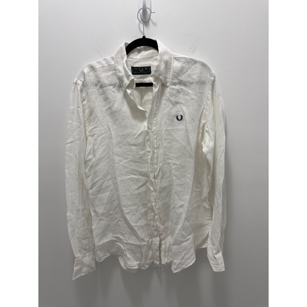 Fred Perry Mens White 100% Flax Linen Long Sleeve Button Down Shirt Size M